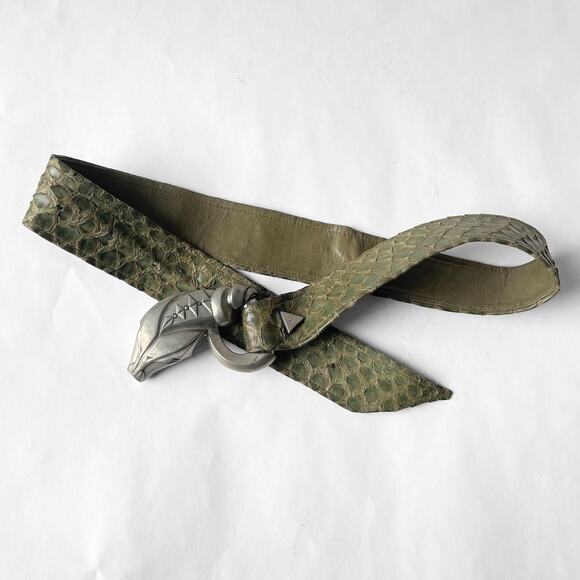 80s Snake Head Buckle Snakeskin Belt  Leather Vintage Giant Buckle Exotic Lthr - Picture 8 of 9
